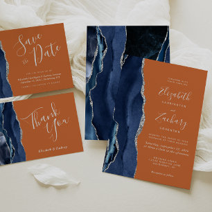 Navy Blue Agate Burnt Orange Wedding Details Enclosure Card