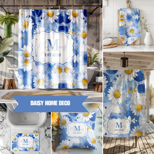 Custom Blue Watercolor Daisy Monogram Decor Bath Towel Set