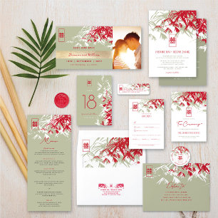 Red & Moss Bamboo Leaves Chinese Wedding Address