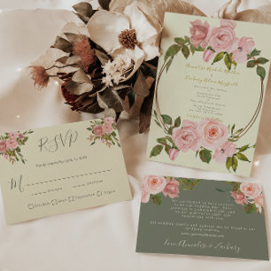 Elegant Sage Green Blush Pink Floral Gold Wedding Invitation
