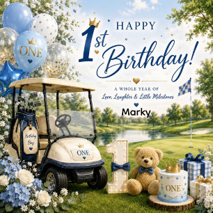 Golf 1 st Birthday with Golf Cart on Putting Green Invitation