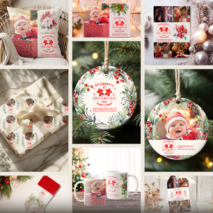 4 Photos Elegant Floral Baby's First Christmas Holiday Card