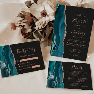 Chic Teal Rose Gold Agate Dark Wedding Invitation