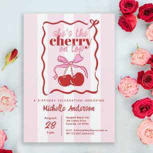 Hand Drawn Cherry on Top Stripes Birthday Party Round Paper Coaster