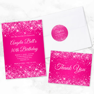 Glittery Hot Pink Ombre Monogram 40th Birthday Invitation