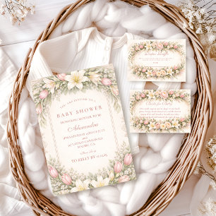 Blush Tulip And Lily Garden Baby Shower Invitation