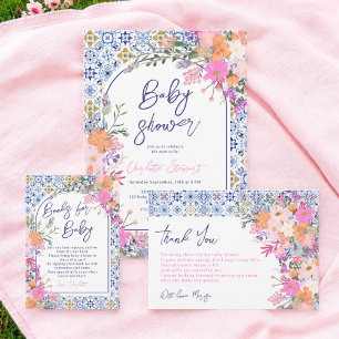 Italian blue tiles watercolor floral baby shower thank you card