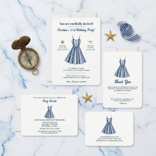 Nautical Blue And White Striped Dress Birthday Thank You Card
