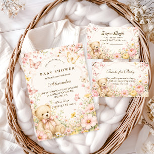 Whimsical Floral Teddy Bear Baby Shower Invitation