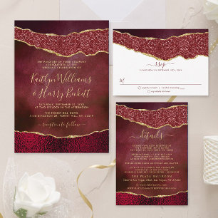Elegant Burgundy & Gold Agate Wedding Invitation