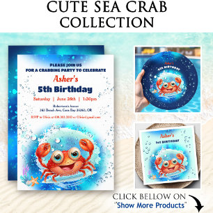 Crab Pool 1st Birthday Party Blue Boy Custom Age  Invitation