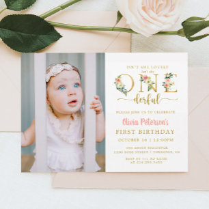  Floral Isn't She Onederful Girl 1st Birthday Invitation