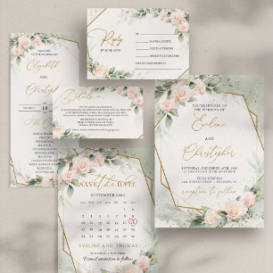 Boho Blush Pink Floral Greenery Gold Frame Wedding Invitation