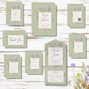 Delicate Boho Wildflowers Sage Green QR Code All In One Invitation