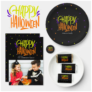 Bright and Fun "Happy Halloween" Family Holiday Announcement Postcard