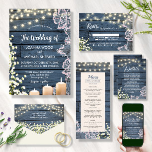 String Lights Candles & Lace Rustic Blue Wedding Invitation