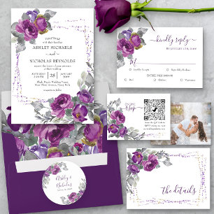 Purple Floral Elegant Script Wedding Details Enclosure Card