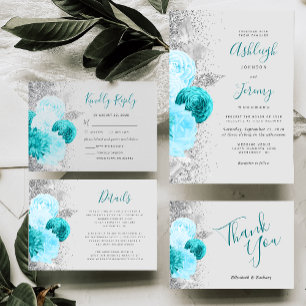 Chic Turquoise Floral Silver Glitter Grey Wedding Invitation