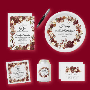 Burgundy Mauve Ivory Fall Floral 90th Birthday Invitation