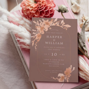 watercolor peach grey arch rsvp attached wedding all in one invitation
