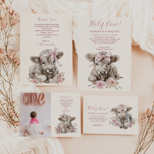 Pink Girl Floral Highland Cow 1st Birthday Invitation
