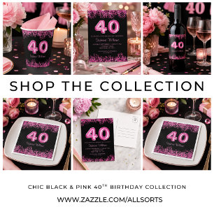 40th Birthday Black Pink Balloons Glitter Party Square Paper Coaster