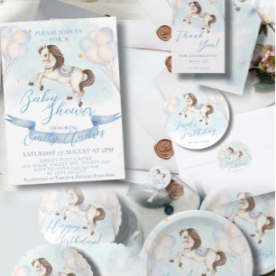 Fairytale Pony Stars Blue Balloons Baby Shower Invitation