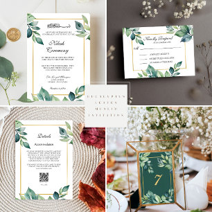 Modern Eucalyptus leaves QR code Muslim Wedding Invitation