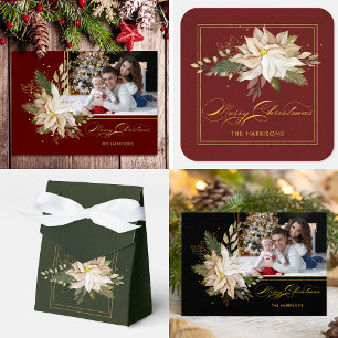 Elegant White Poinsettias w/Gold Greenery Photo Foil Holiday Card