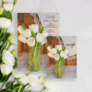 Mason Jar White Tulips Country Barn Wedding RSVP