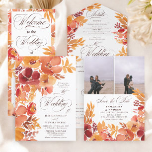 Rustic terracotta fall floral calligraphy wedding all in one invitation