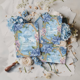 Blue Hydrangea Coastal Rope Wedding Invitation