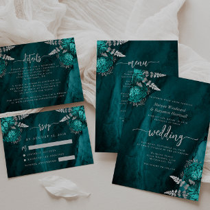 Elegant Teal Blue Silver Floral Wedding Invitation