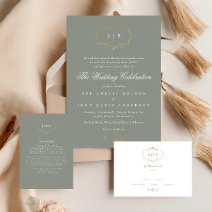 classic sage green gold crest monogram wedding invitation