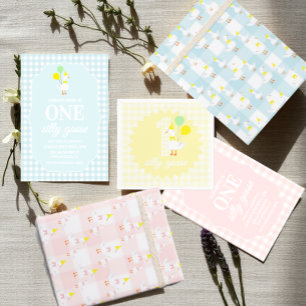 One Silly Goose Gingham 1st Birthday Invitation