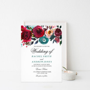 Boho Bordo Burgundy Red Flowers Wedding Invitation