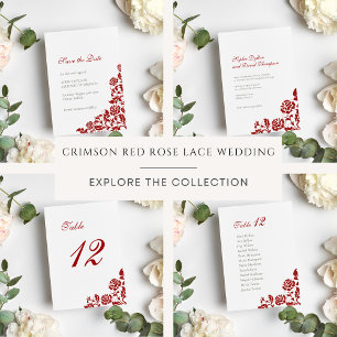 Classic Crimson Red Rose Lace Pattern Wedding Invitation