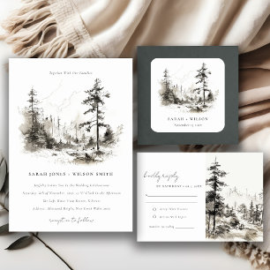 Pine Woods Mountain Landscape Sketch Wedding Square Sticker