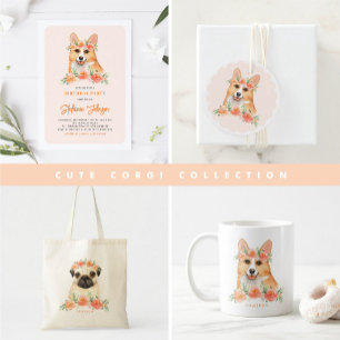 Watercolor Corgi and Peach Flowers Birthday Thank You Card