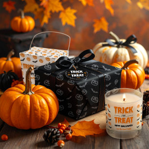 Pumpkin Bat Trick or Treat Grey on Black Pattern Wrapping Paper Sheet