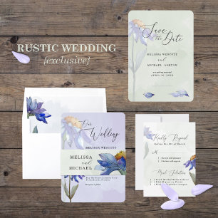 Watercolor Purple Blue Daisy Peach Rustic Wedding Invitation