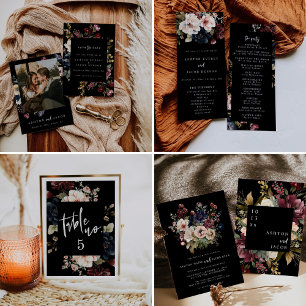 Moody Wedding Menu, Black Menu, Watercolor Floral Pedestal Sign