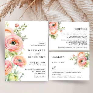 Blush Pink Ranunculus Floral Wedding Details Enclosure Card