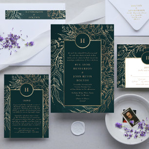 Editable Gold Foil & Emerald Green Wreath Monogram RSVP Card