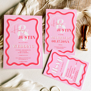 Retro pink red curve squiggle wavy photo wedding save the date