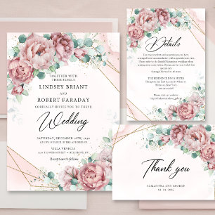 Boho blush peonies eucalyptus gold rise and shine invitation