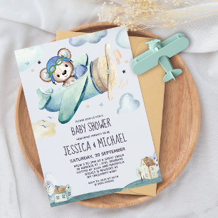 Teddy Bear Aeroplane   Baby Shower by Mail Invitation