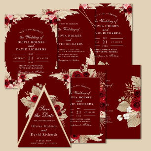 Burgundy Roses and Pampas Grass Wedding Invitation