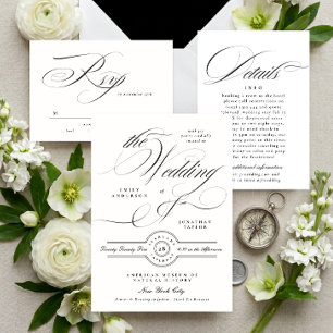 Formal Calligraphy Black White Wedding Details Enclosure Card