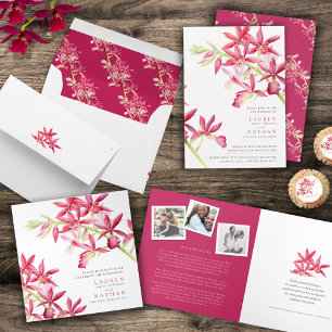 Wedding jewel orchid watercolor meal RSVP photo All In One Invitation